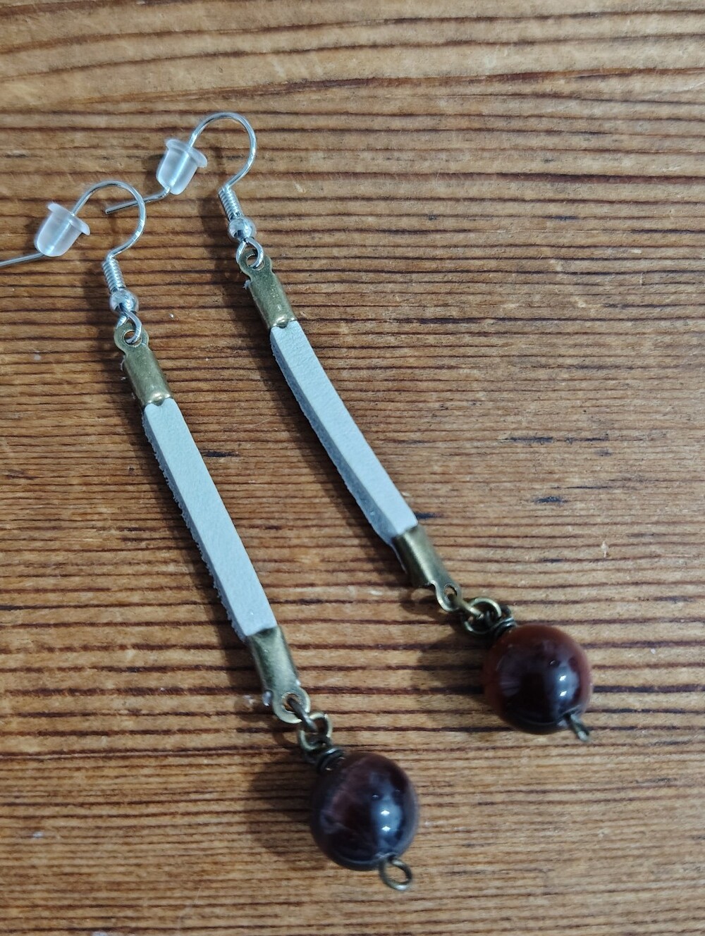 Gold-Tone Long Drop Earrings with Brown Tiger Eye Beads,  Handmade Earrings